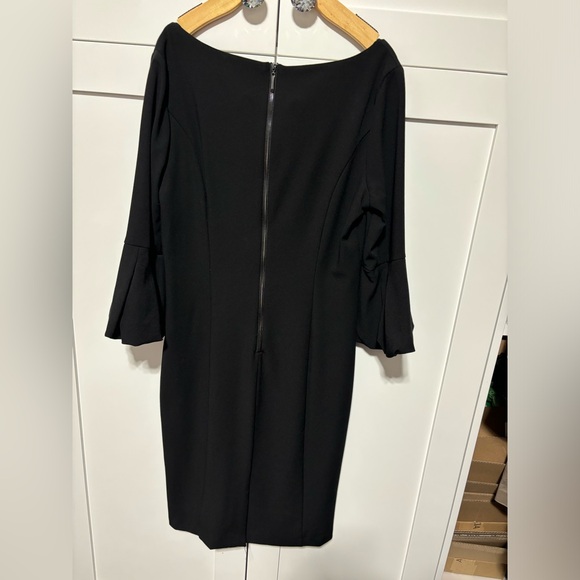 White House Black Market V neck sheath stretch puff sleeve black dress- size 10 - Picture 2 of 6